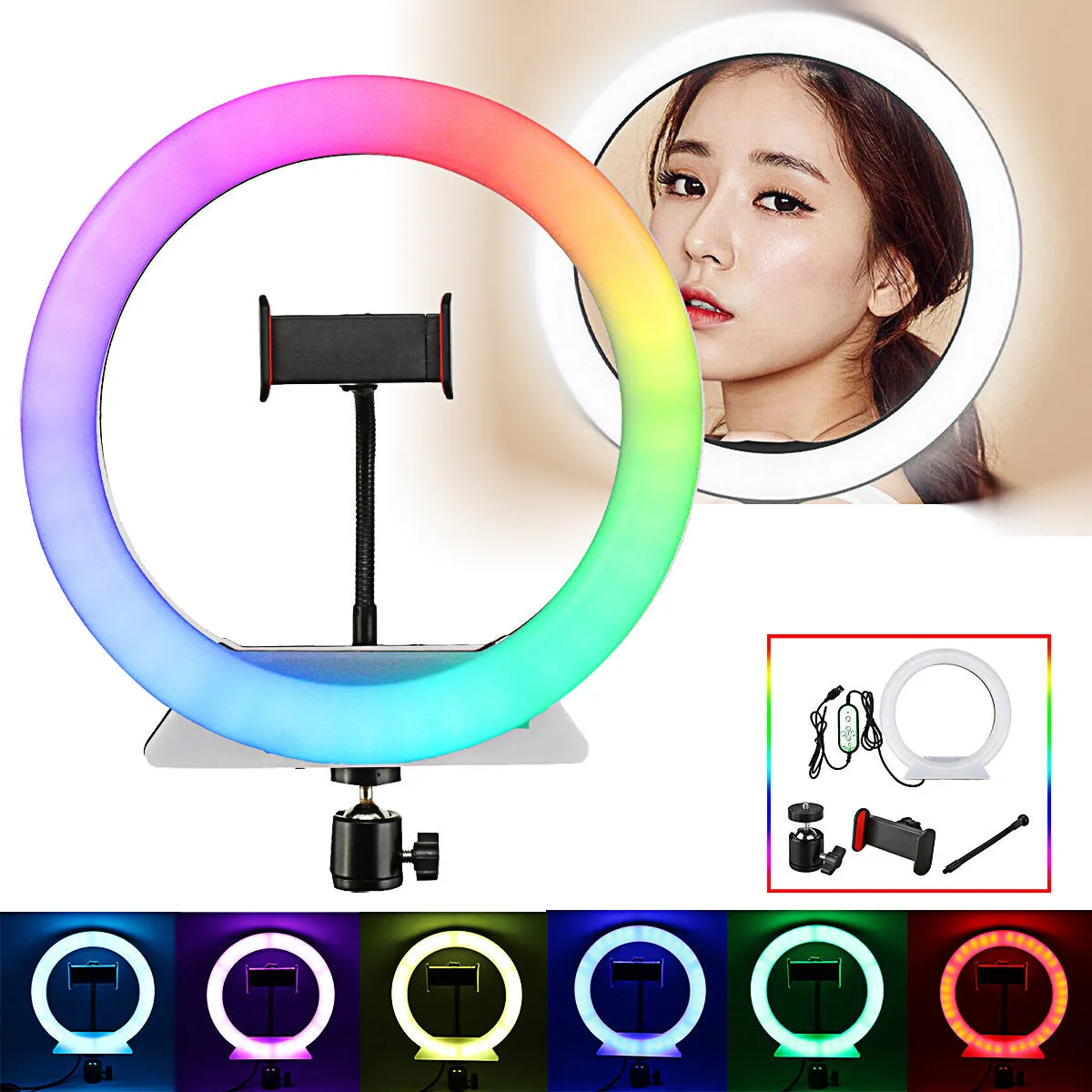 2800-6500K Stepless Dimming RGB Color LED Ring Fill Light Lamp with Phone Clip Photography Lighting