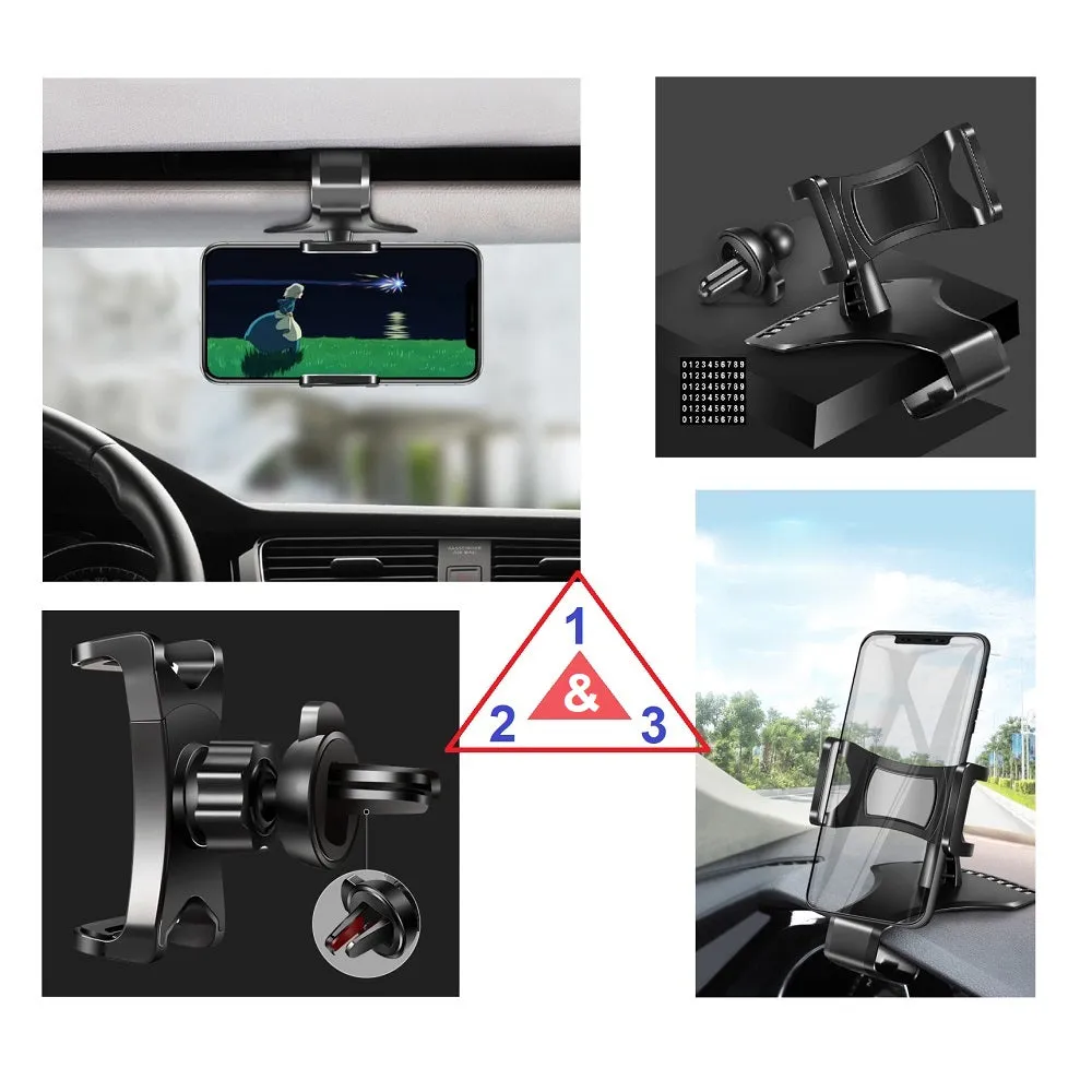 3 in 1 Car GPS Smartphone Holder: Dashboard / Visor Clamp   AC Grid Clip for Karbonn A29, Smart A29 - Black