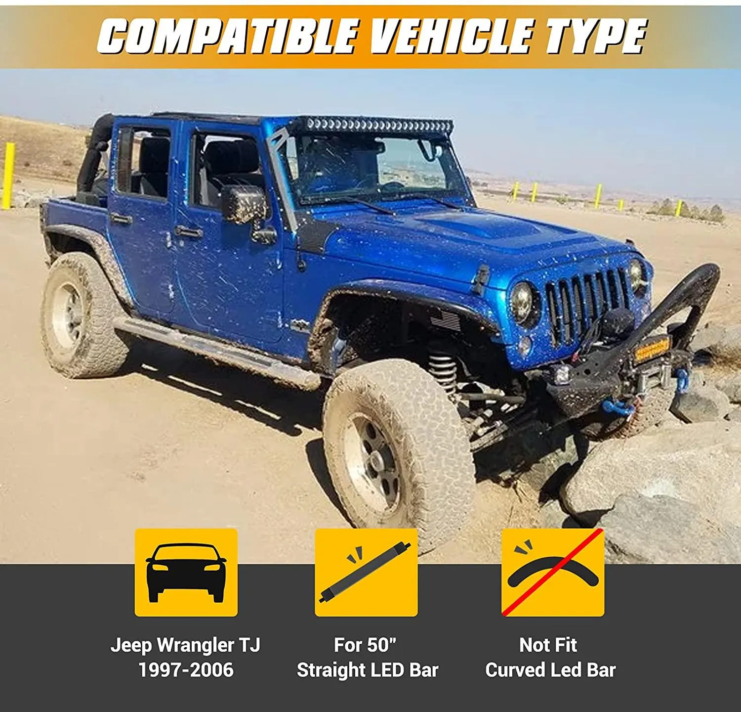 50" Straight Light Bar Windshield Mounting Brackets for 1997-2006 Jeep Wrangler TJ
