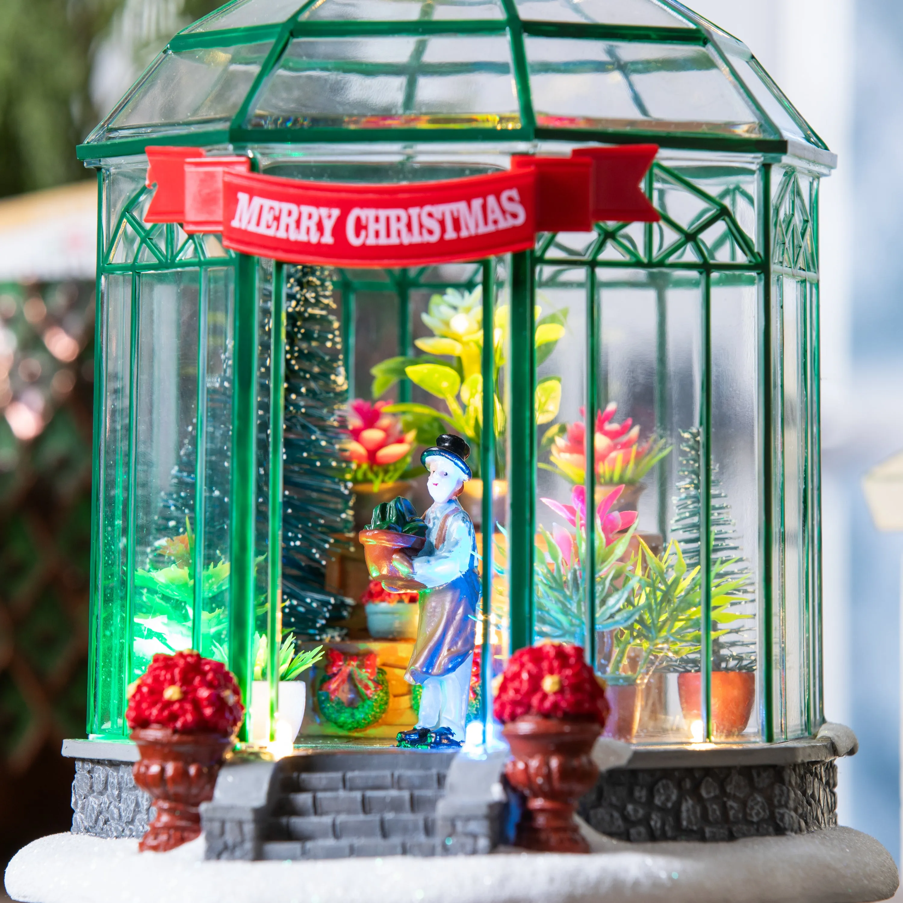 7.5" LED Resin Christmas Greenhouse with Music Table Decor