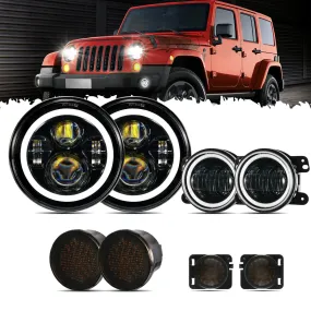 Enhanced Set for Jeep Wrangler JK: 7 LED Headlight with Halo Ring, 4 LED Fog Light, Front Turn Signal, and Fender Flares Side Marker Light