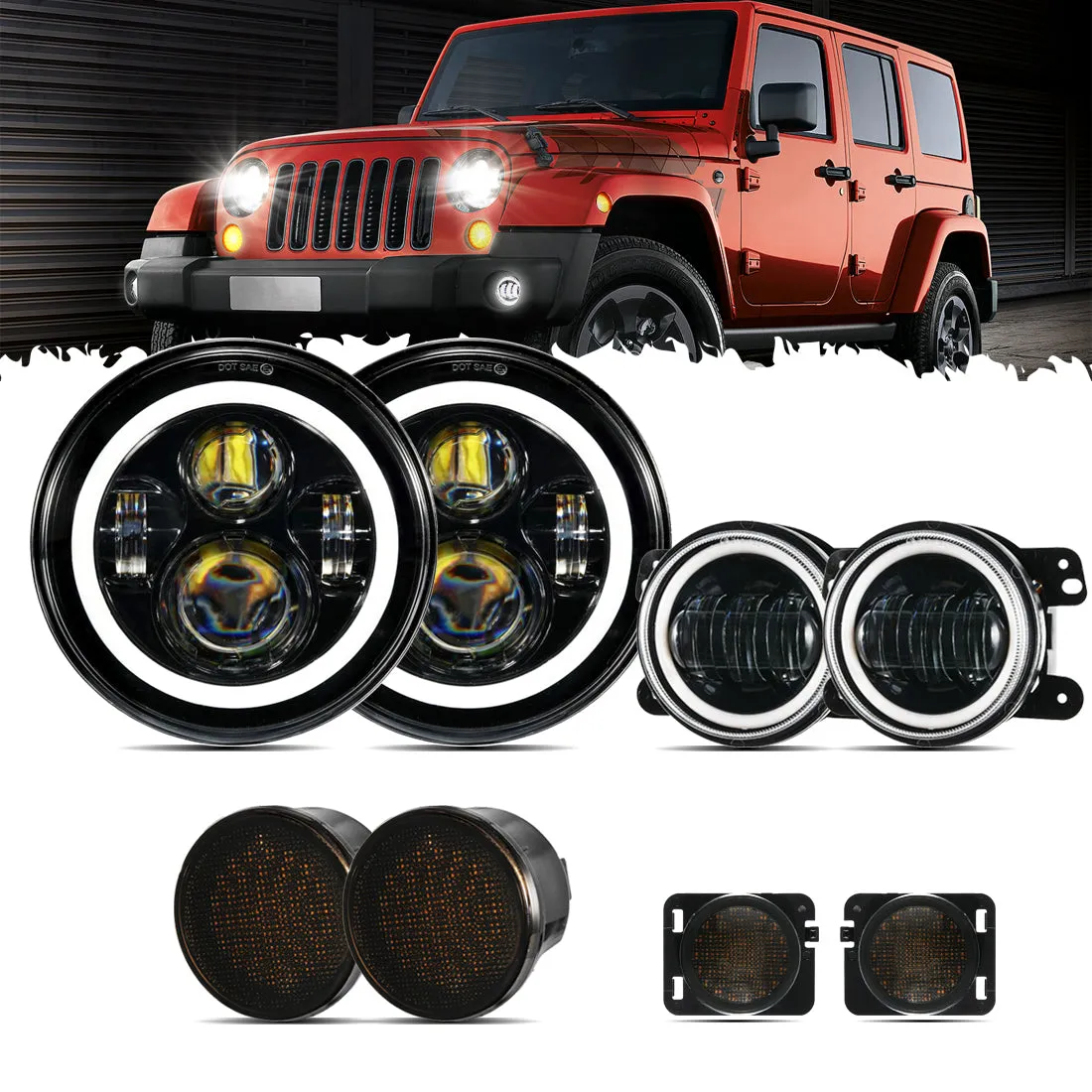 Enhanced Set for Jeep Wrangler JK: 7 LED Headlight with Halo Ring, 4 LED Fog Light, Front Turn Signal, and Fender Flares Side Marker Light