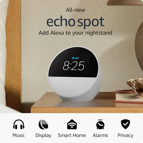 All-new Amazon Echo Spot (2024 release), Smart alarm clock with vibrant sound   Alexa, Ocean Blue
