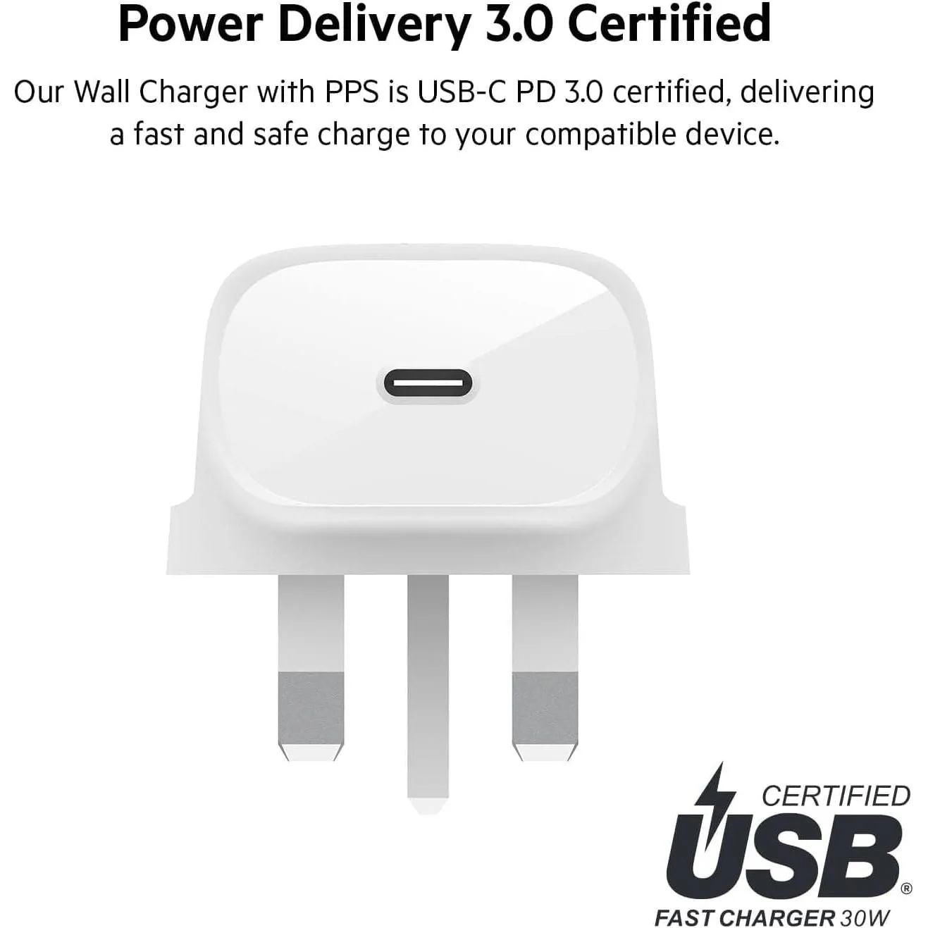 Belkin 30W USB C wall charger with PPS, Power Delivery, USB-IF certified PD 3.0, fast charger plug for iPhone 15, Plus, Pro, Pro Max, Samsung Galaxy S23, iPad, AirPods, MacBook, Google Pixel and More