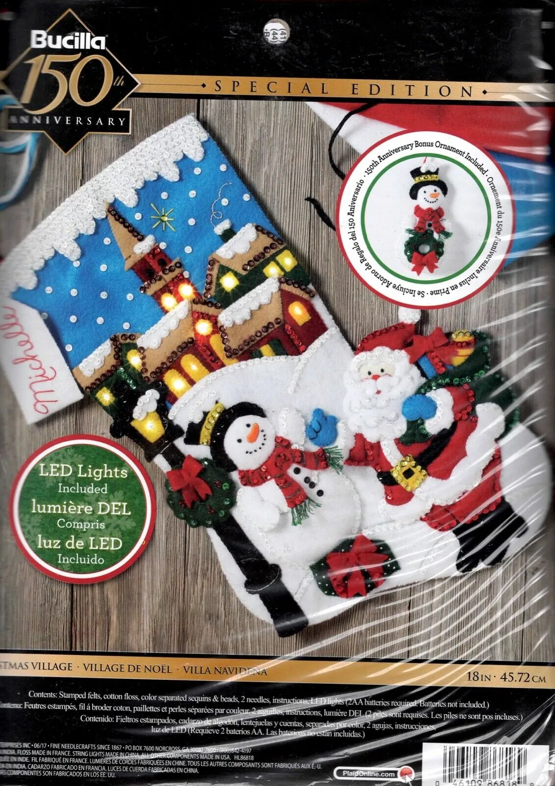 DIY Bucilla Christmas Village Santa Snowman Lighted Felt Stocking Kit
