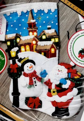 DIY Bucilla Christmas Village Santa Snowman Lighted Felt Stocking Kit