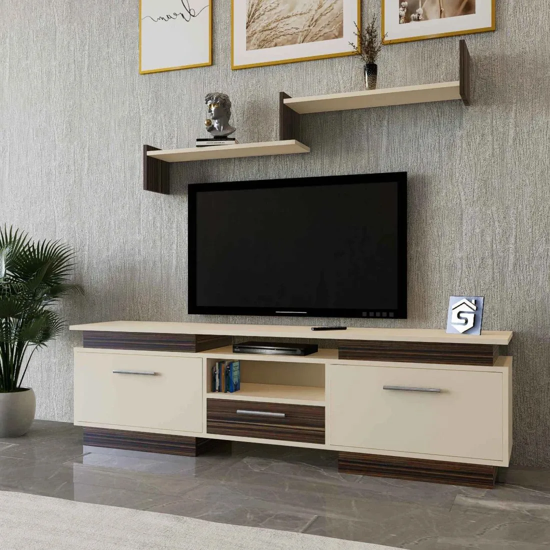 Elegant Brown and Beige TV Cabinet with Ample Storage