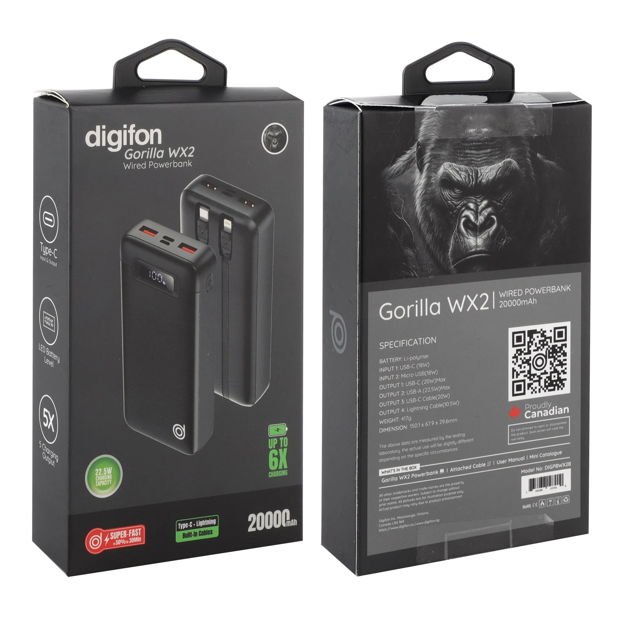 Gorilla WX2 20,000mAh Super-fast Charging 22.5W Wired Power Bank - digifon