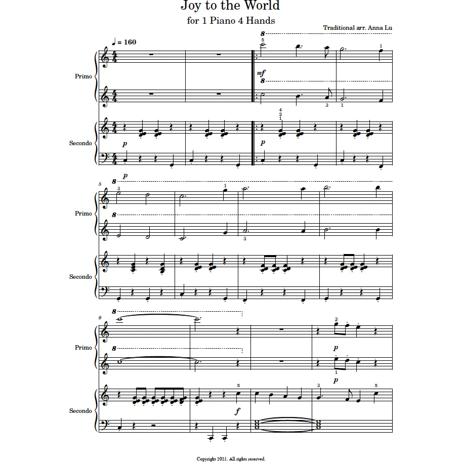 Joy to the World - 1 Piano 4 Hands (Digital Download)
