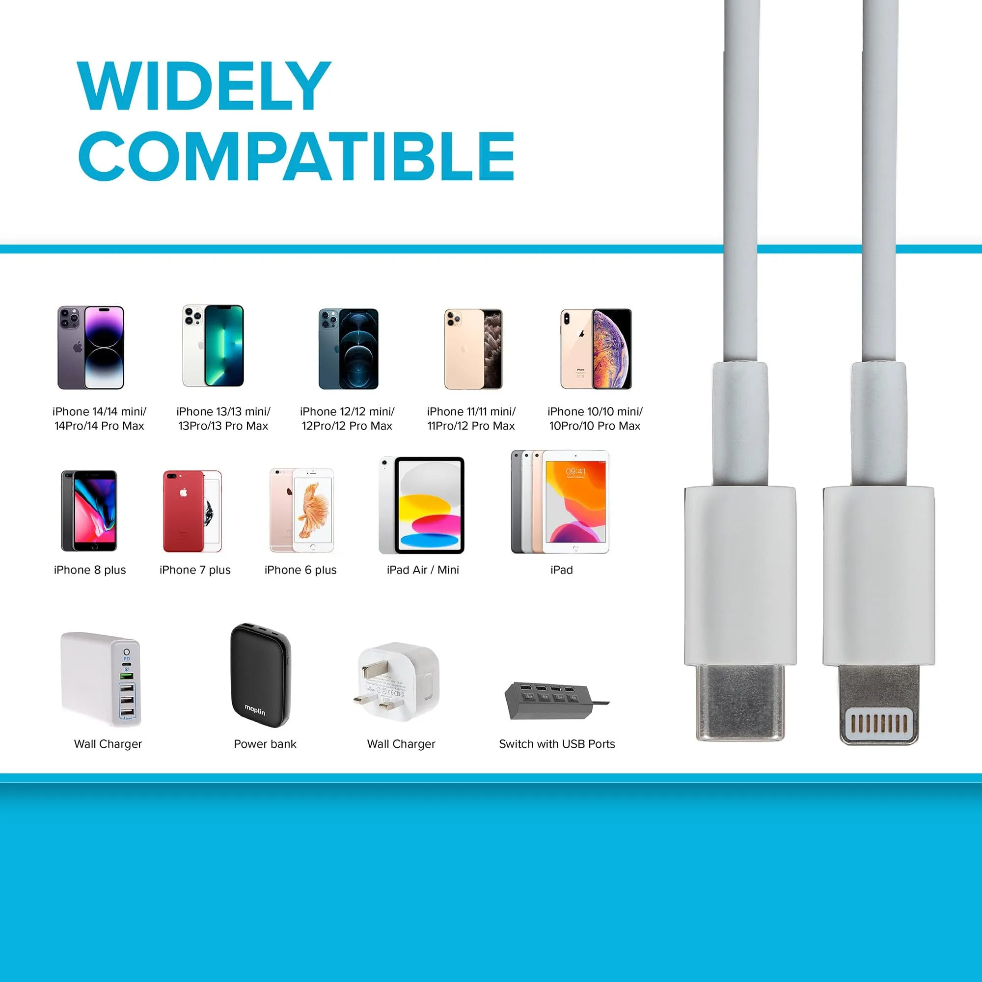 Maplin Lightning to USB-C 20W High Speed Cable - White, 3m