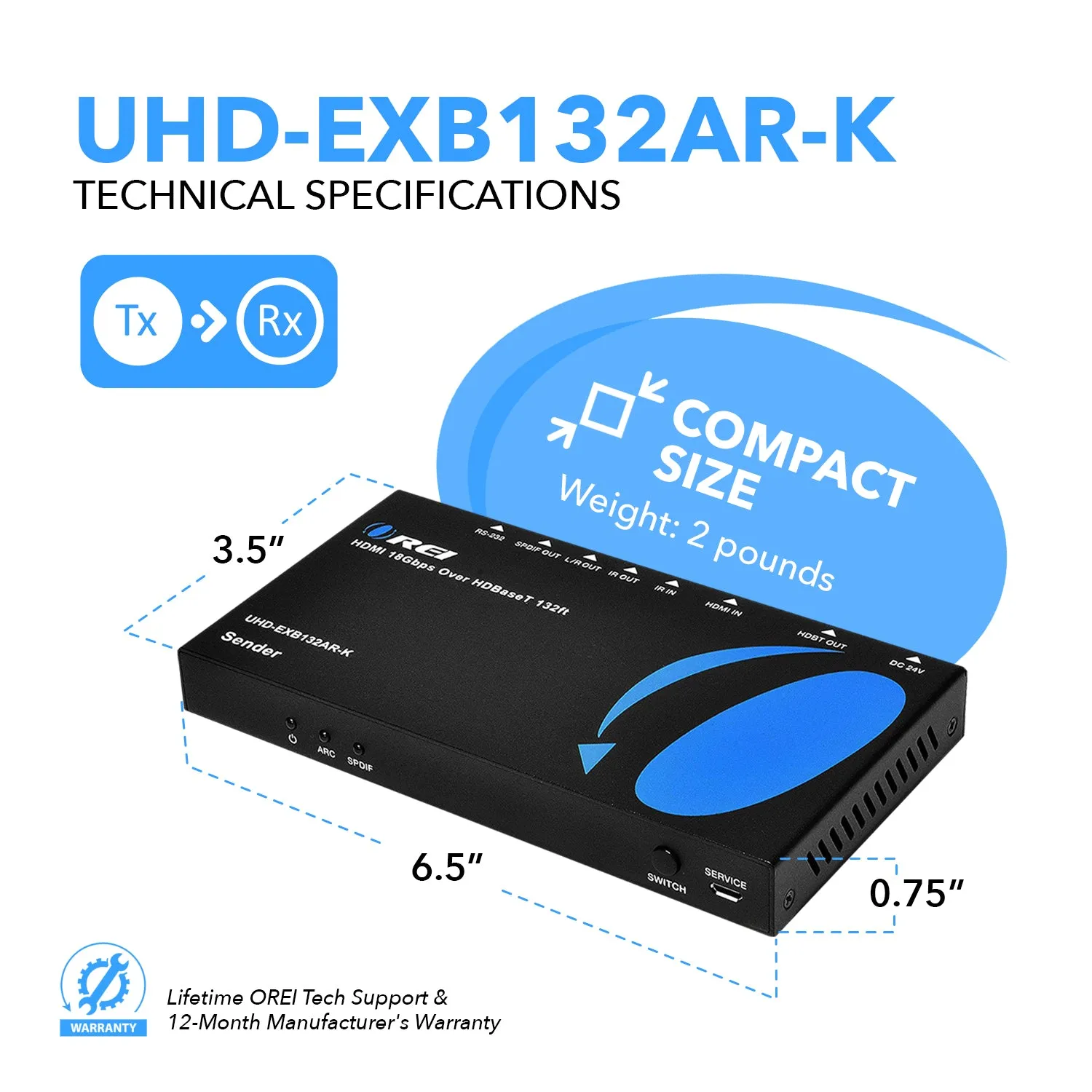 OREI UHD-EXB132AR-K: HDBaseT 4K HDMI Extender Balun upto 132 feet over CAT5e/6/7-ARC & IR Support