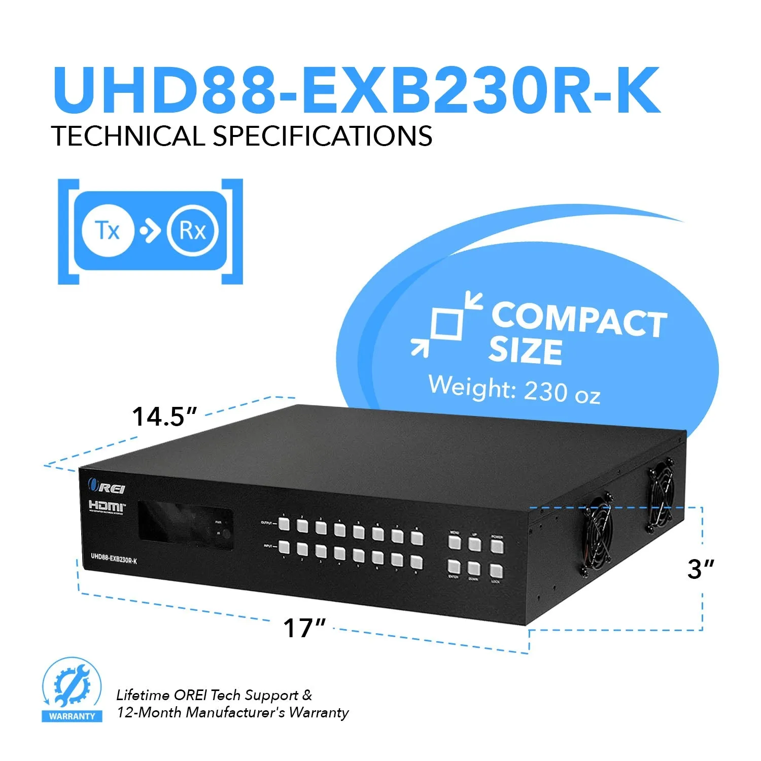 OREI UHD88EXB230R-K: 8x8 4K HDMI Matrix Switcher Extender Over CAT Cables