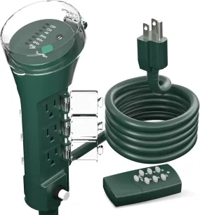 Outdoor Power Stake Timer, 100FT Wireless Remote Control, Dusk to Dawn Sensor for Outdoor Lights, 6 Grounded Outlets, 6Ft Extension Cord, 1875W/15A,Christmas Decorations, ETL Listed