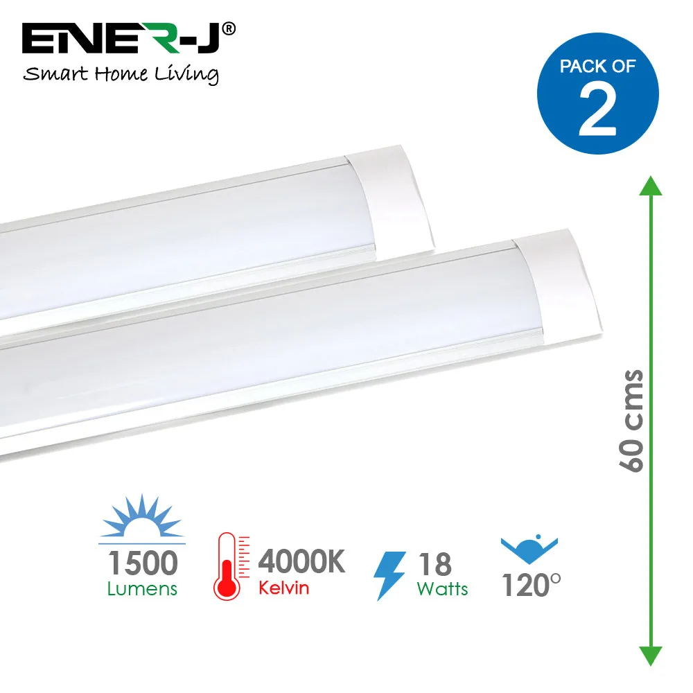 Pack of 2 LED Prismatic Batten Fitting Lights, 18W, 60cms, 4000K Daylight for Ceiling of Home & Office, Workshop & Garage Lighting