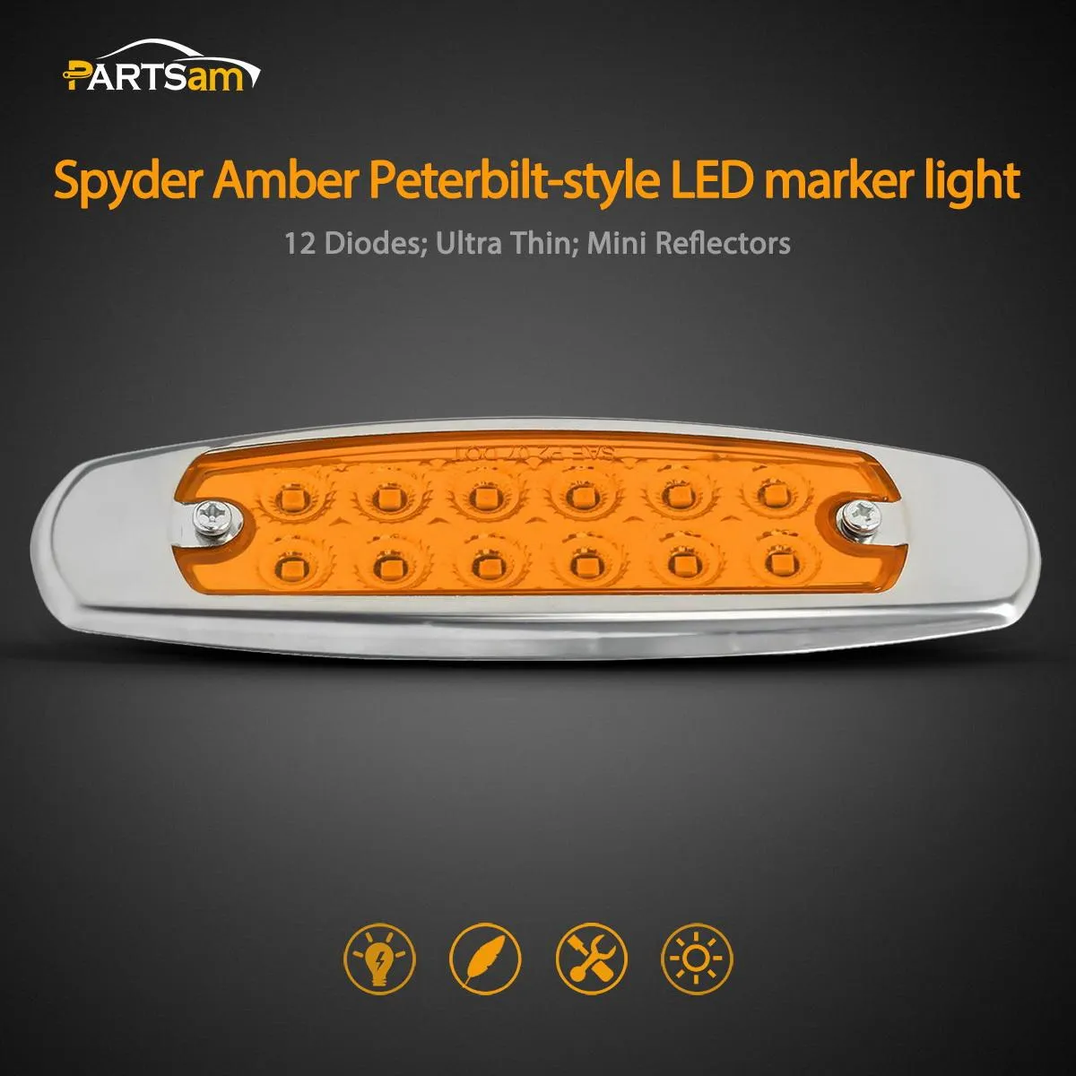 Partsam 10x 6.2" LED Marker Clearance Light 12LED Pigtail Amber Trailer Lights, Sealed 6-1/5" Amber Rectangular Spyder 12-LED Marker and Clearance Lights with Stainless Steel Rim