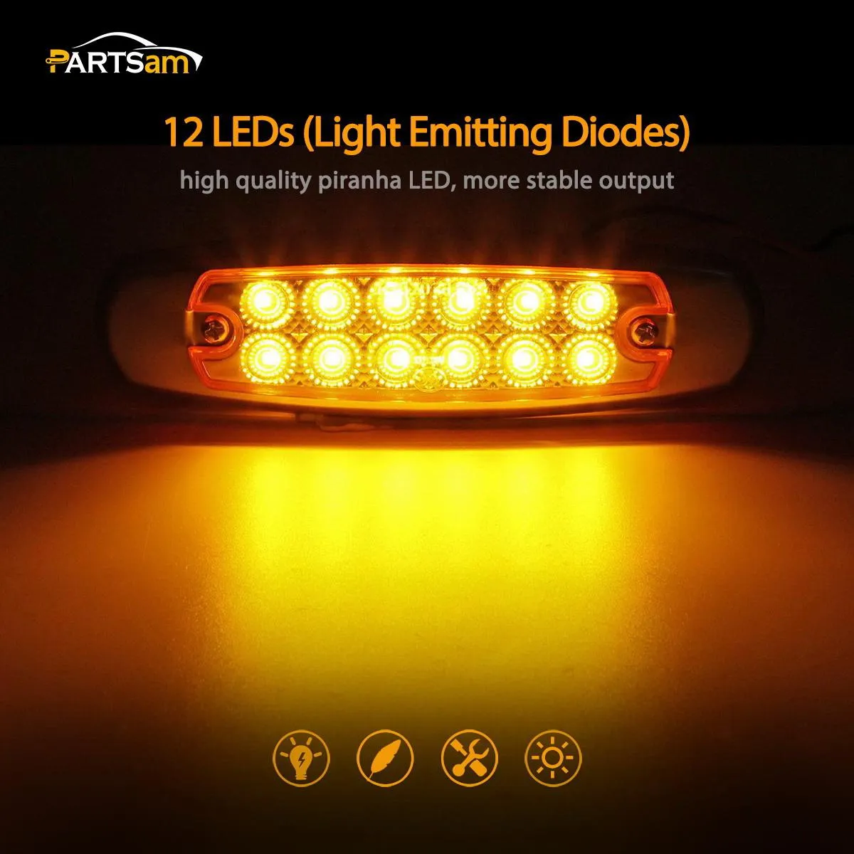 Partsam 10x 6.2" LED Marker Clearance Light 12LED Pigtail Amber Trailer Lights, Sealed 6-1/5" Amber Rectangular Spyder 12-LED Marker and Clearance Lights with Stainless Steel Rim