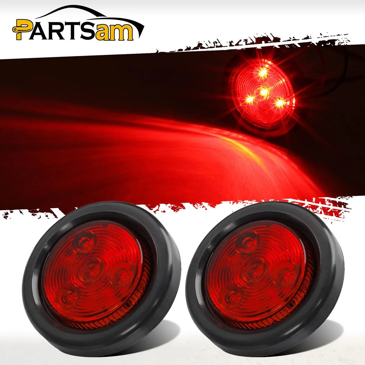 Partsam 2pcs Red Led Light Trailer 2 inch Round w/Plug & Grommet Kits Marker 4 LED, Flush Mount Red 2 Inch Round Led Trailer Lights, Sealed 2 Inch Round Led Marker Lights Red RV Trucks