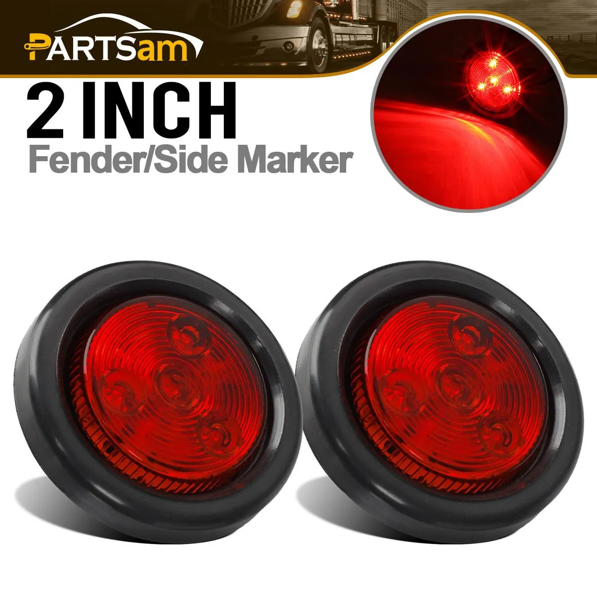 Partsam 2pcs Red Led Light Trailer 2 inch Round w/Plug & Grommet Kits Marker 4 LED, Flush Mount Red 2 Inch Round Led Trailer Lights, Sealed 2 Inch Round Led Marker Lights Red RV Trucks