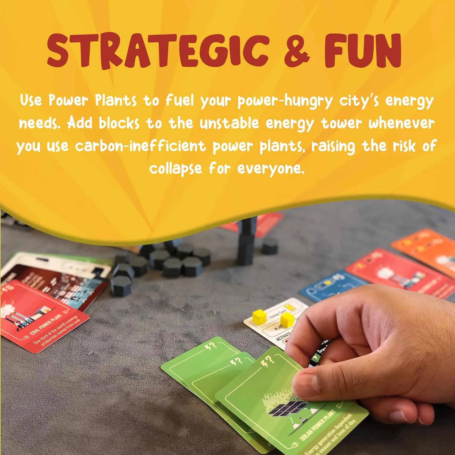 Power Failure Card Game | Build an energy empire, stack blocks on the carbon tower, hope they don't collapse!