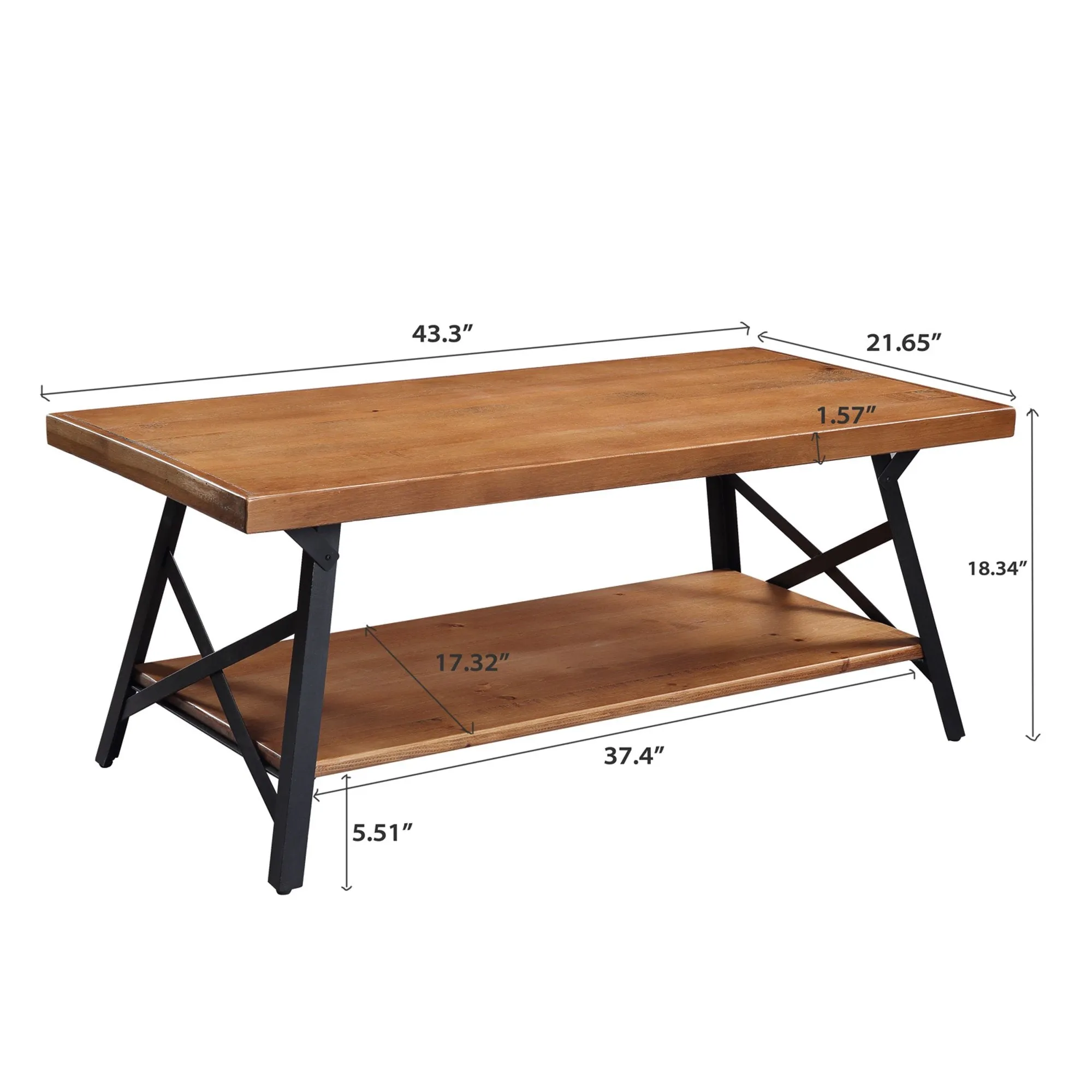 Rustic Coffee Table with Storage & Metal Legs, Brown 43"