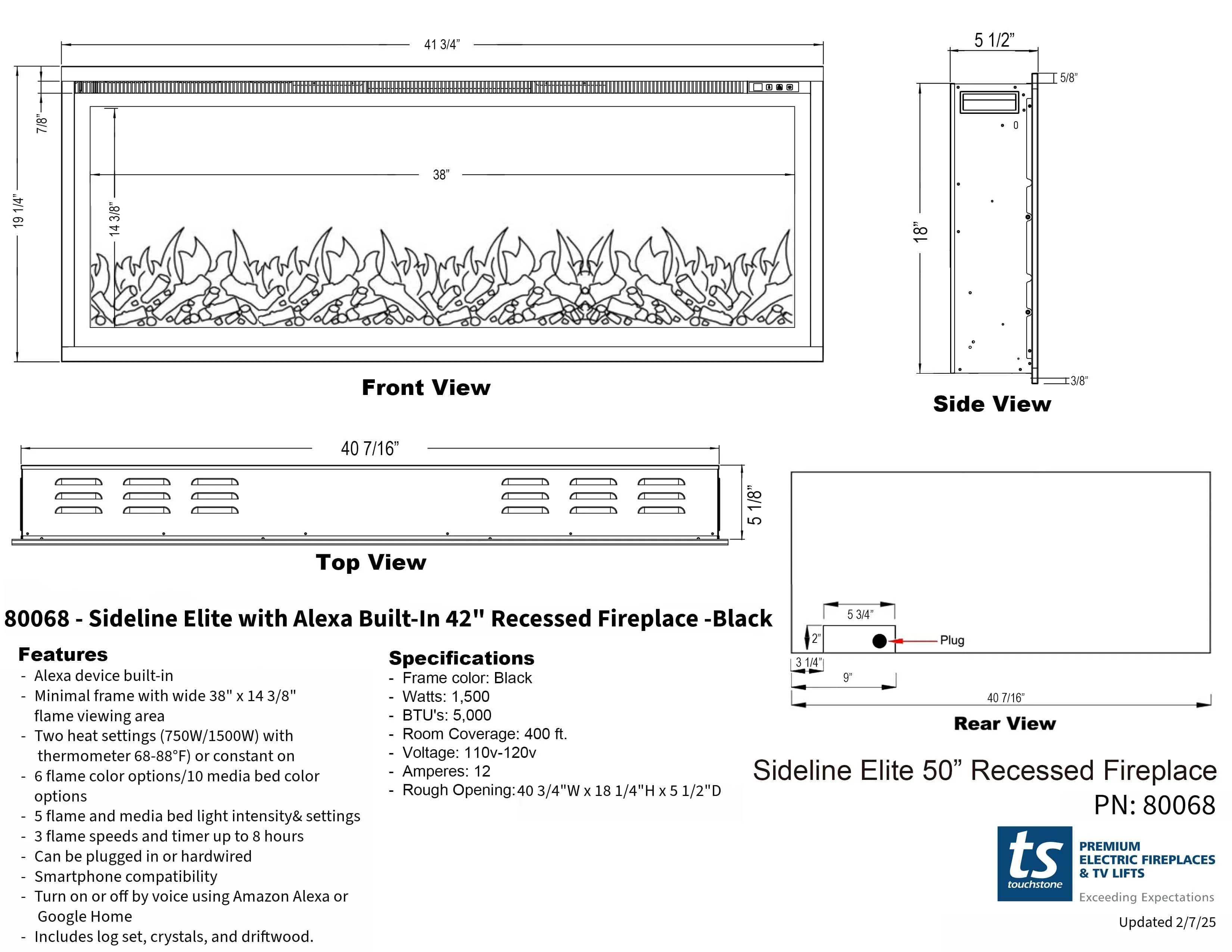 Sideline Elite 42 Inch Recessed Smart Electric Fireplace with Alexa Built-in 80068