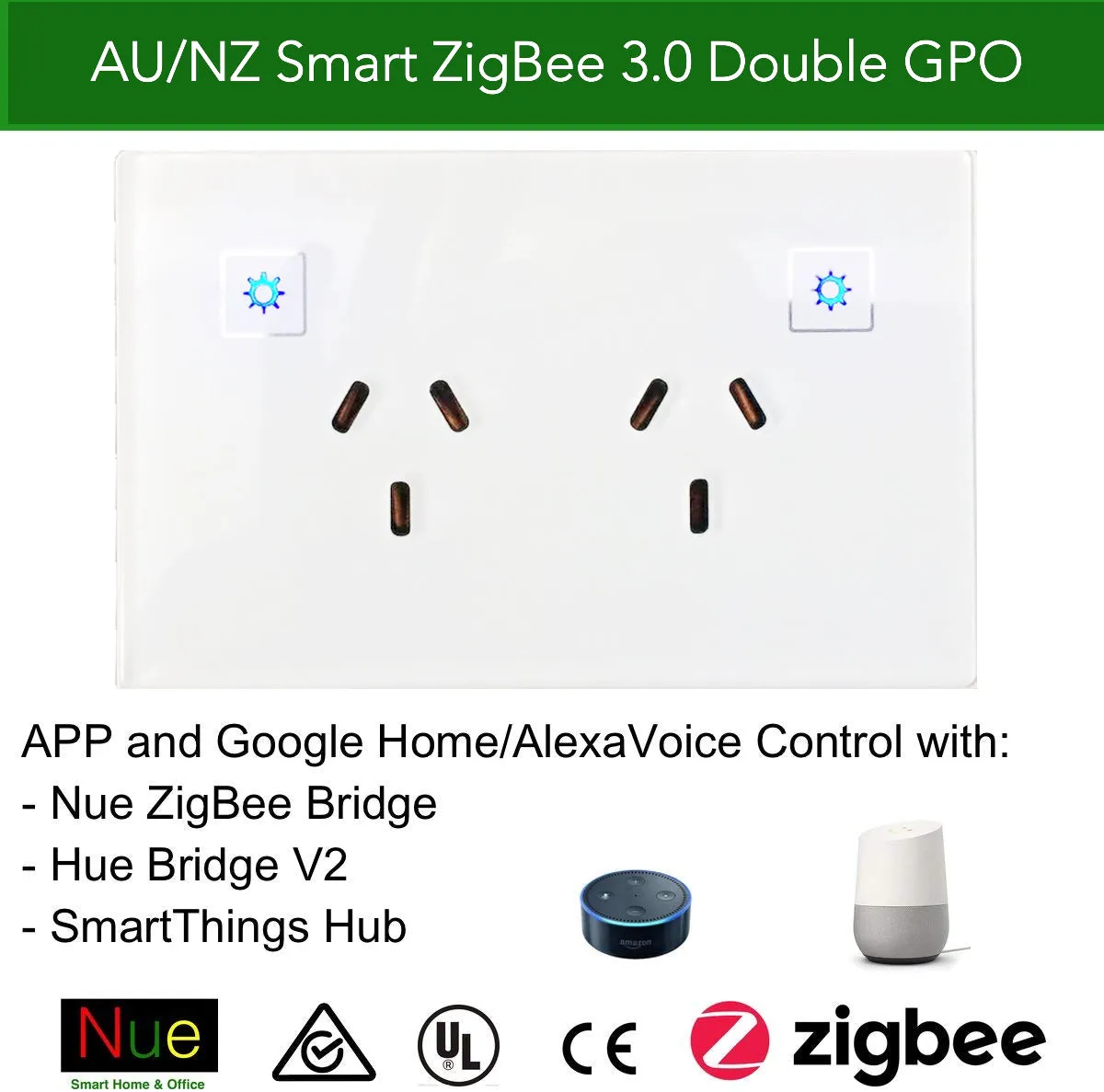 ZigBee Smart Double Power Point GPO for SmartThings (AeoTec), Hubitat, Philips Hue Automation